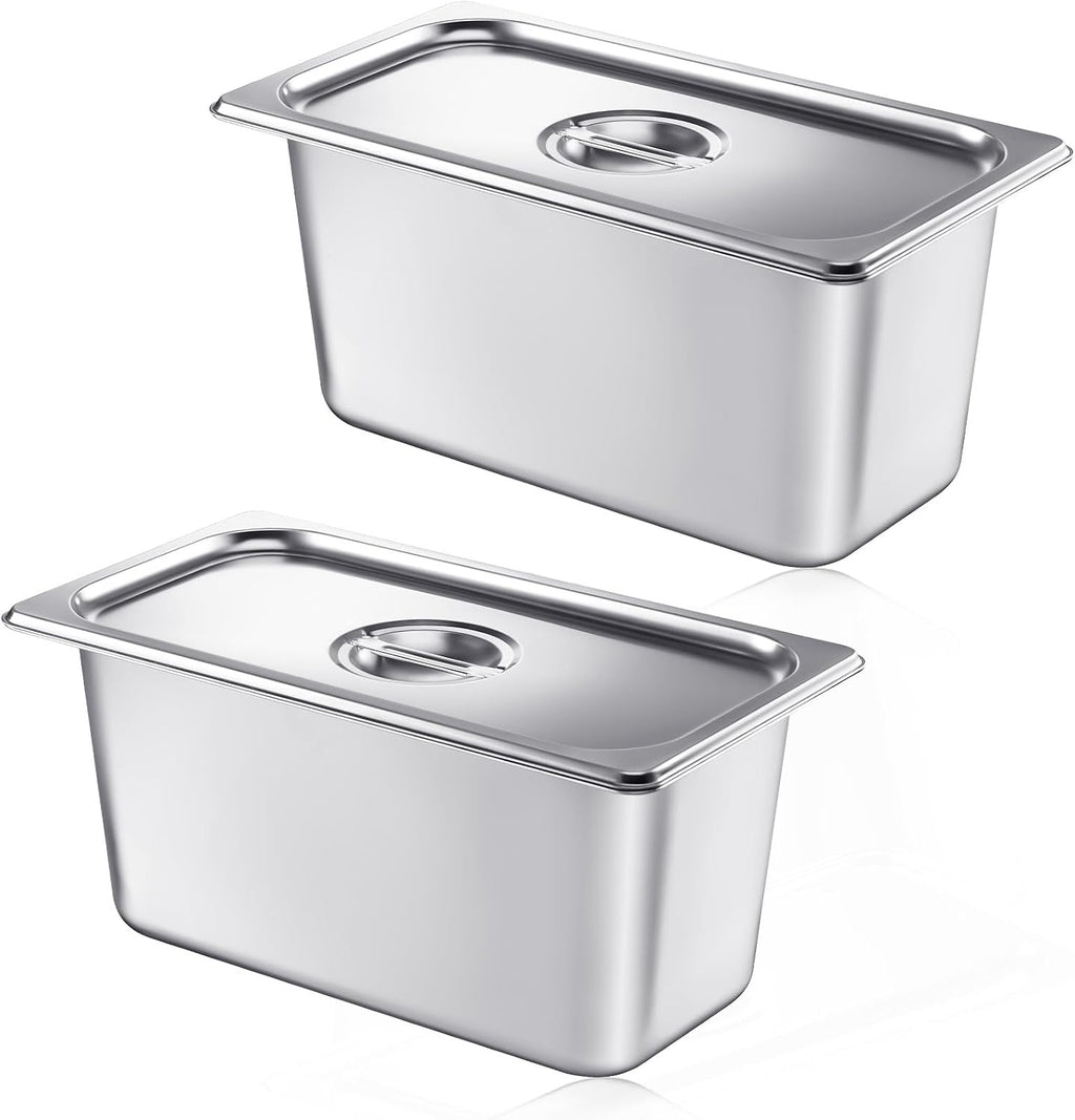 2 Pack Stainless 1/3 Size x 6 Inch Deep Steam Table Pans with Lids