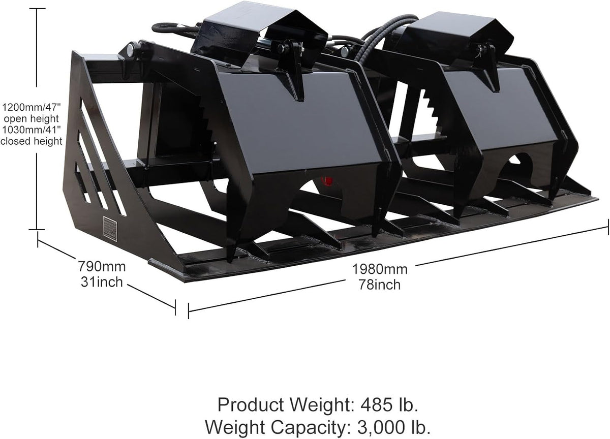 78'' Root Grapple Bucket Attachment for Skid Steer Loaders, 1930mm Heavy-Duty Log Rake Grapple, Quick-Attach Wood