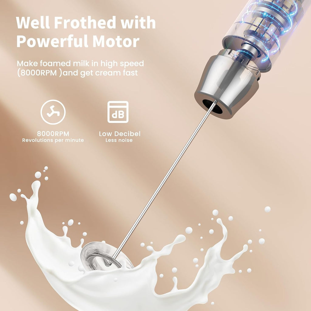 LunaFro Rechargeable Milk Frother,Stand & 2 Detachable Whisks | 8000RPM Turbo Motor, 1200mAh lithium battery