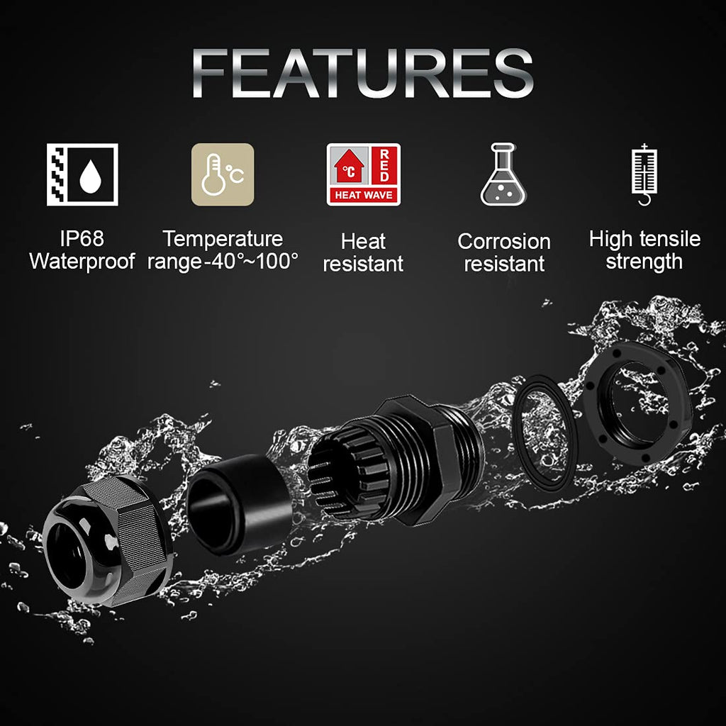 LeMotech 100 Pack NPT 3/4" Cable Glands Waterproof Adjustable 12.5-18mm Cable Connectors Black Nylon Joints with Gaskets