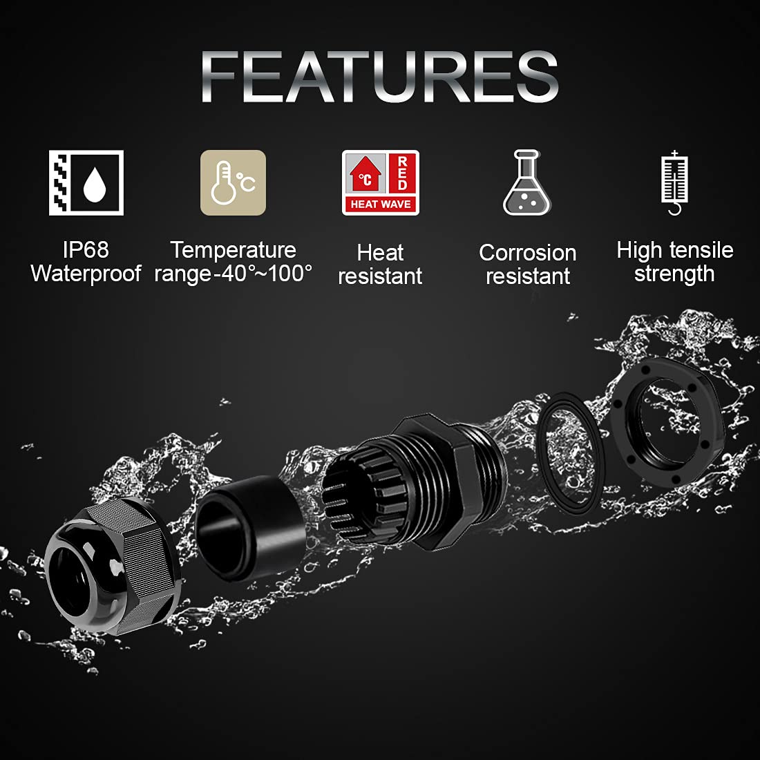 LeMotech 100 Pack NPT 3/4" Cable Glands Waterproof Adjustable 12.5-18mm Cable Connectors Black Nylon Joints with Gaskets