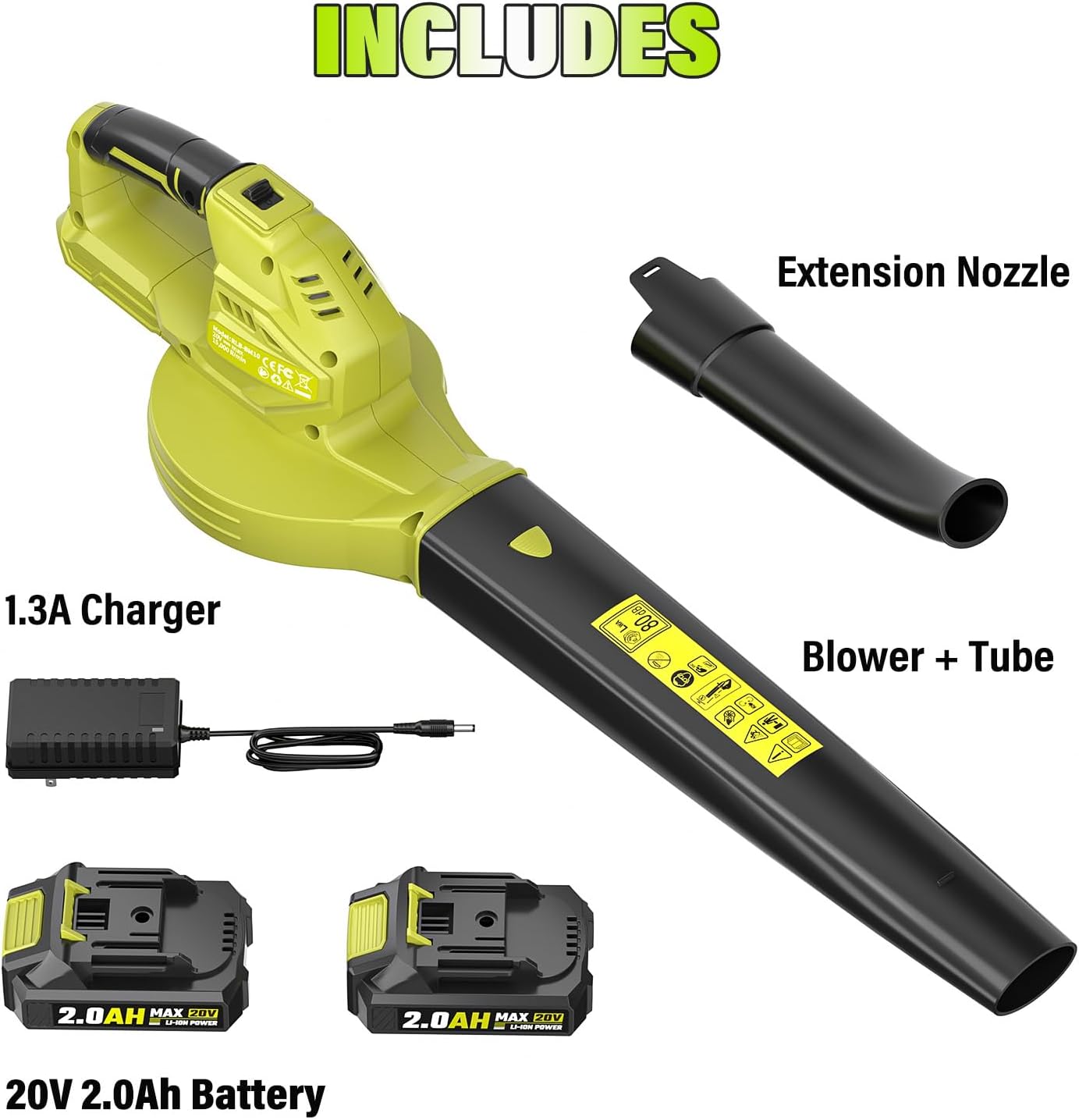 Leaf Blower 20V Cordless, with 2 x 2.0Ah Battery, 350 CFM 150 MPH | 15000 RPM