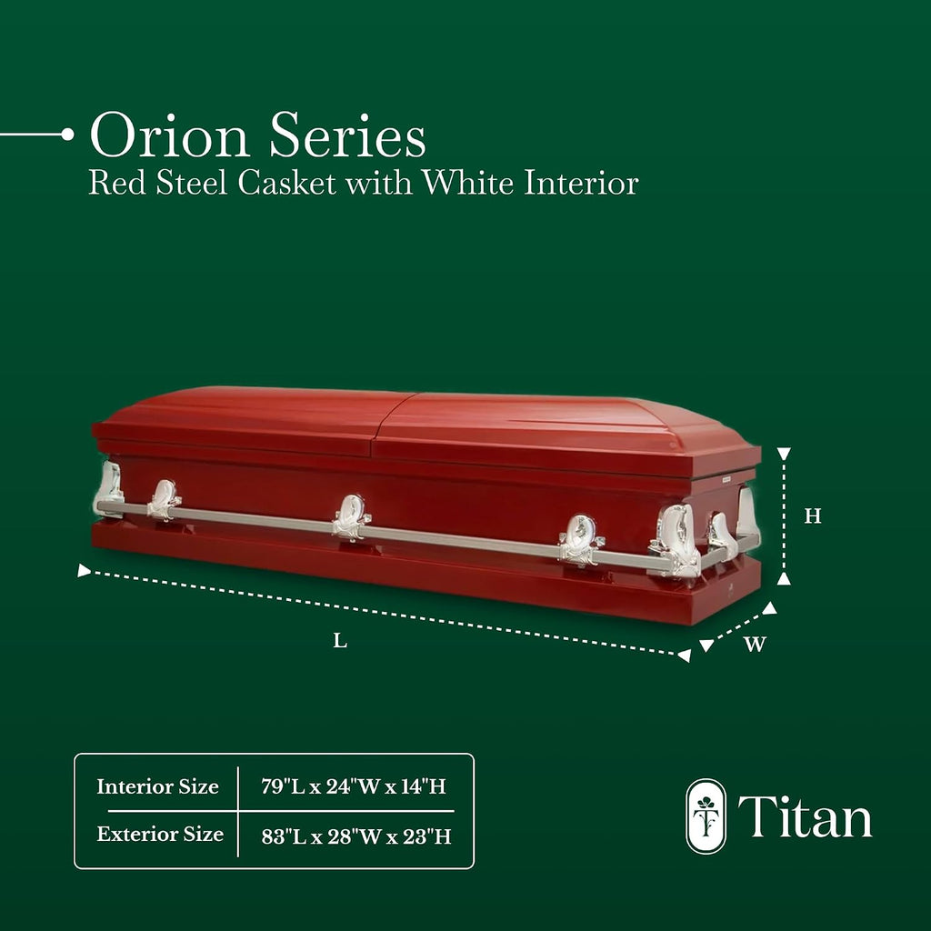 Elegant Orion Series Funeral Casket for Humans - Handcrafted Steel Casket with Luxurious Red Finish & White Crepe