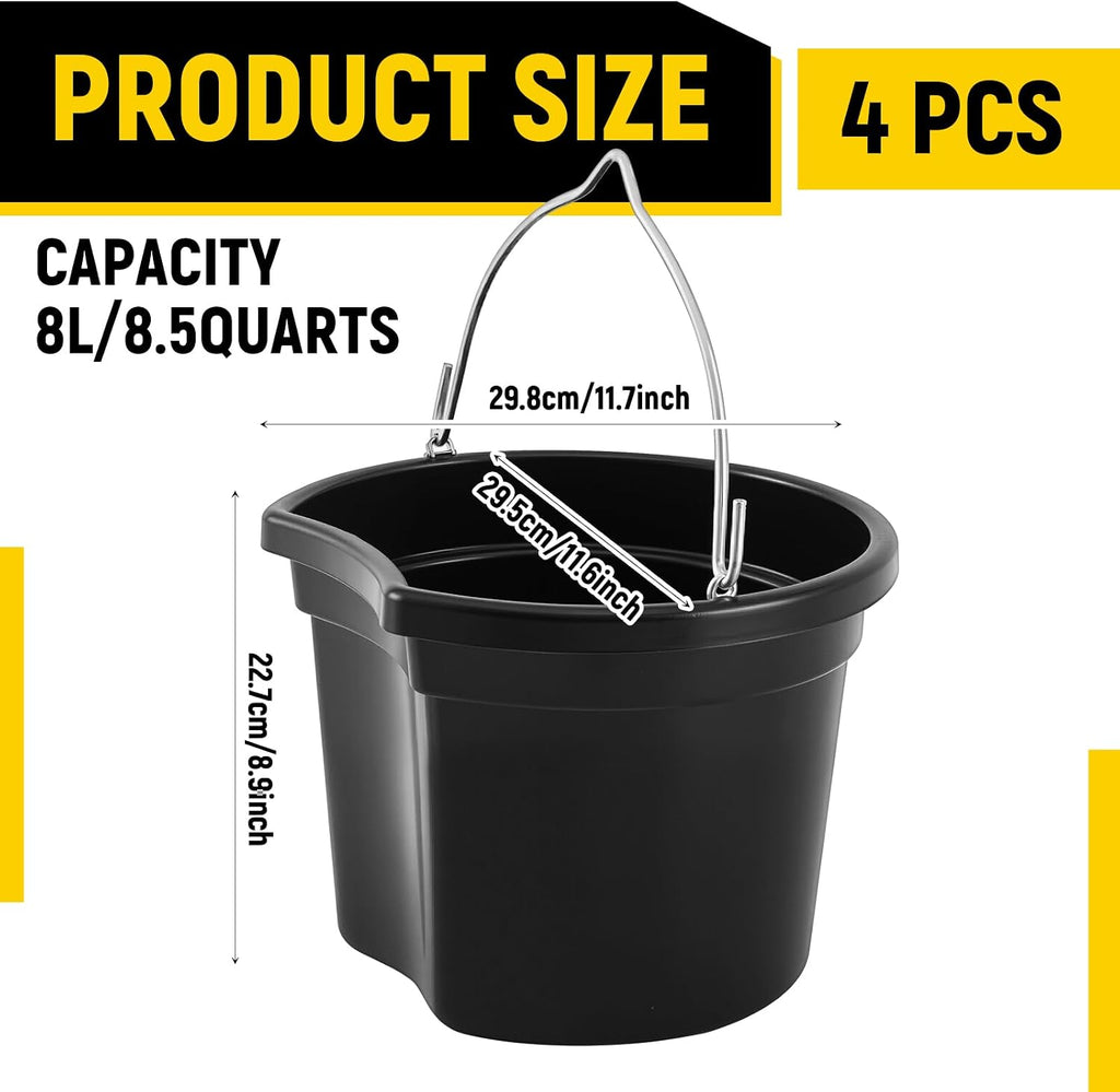 4 Pcs Horse Feeder Bucket with Hook, 8.5 Quart Plastic, Black