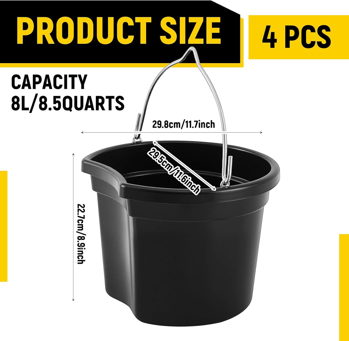 4 Pcs Horse Feeder Bucket with Hook, 8.5 Quart Plastic, Black