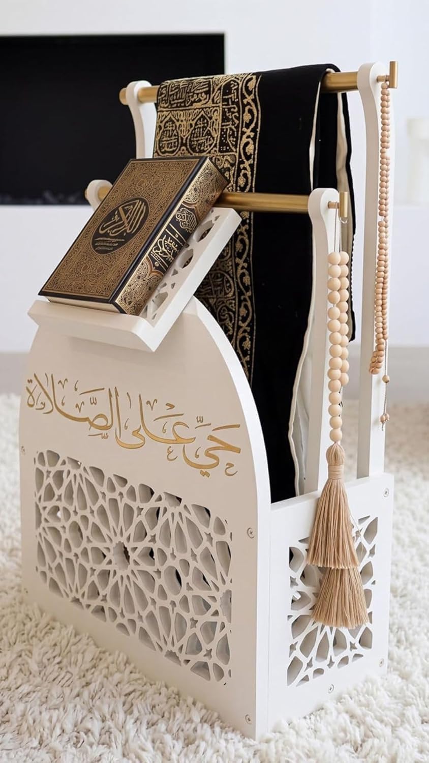 Prayer Mat Holder & Quran Stand – Islamic Storage Organizer for Prayer Rug, Tasbih, Prayer Beads & Quran – Muslim