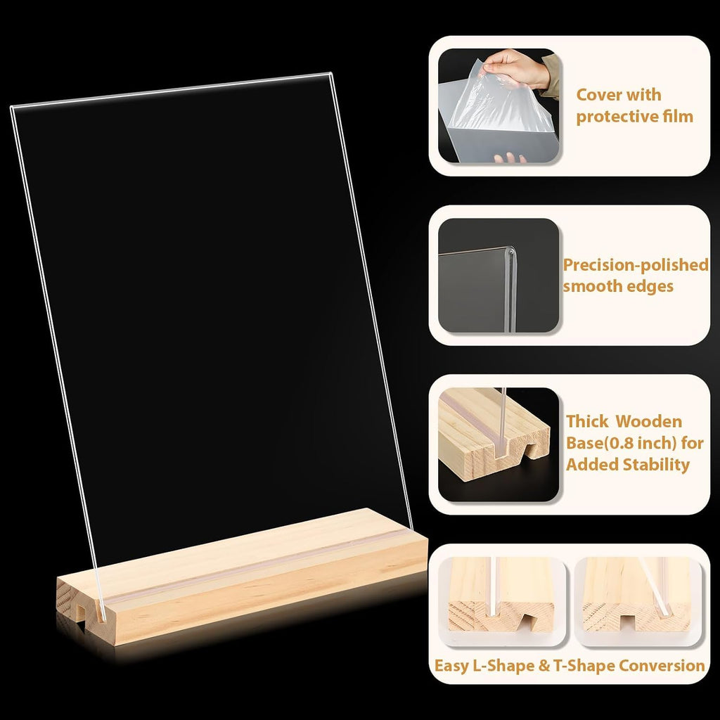 2 pack 8.5x11 Acrylic Sign Holder, L/T Shape with Wood Base | Plastic Flyer Stand Double Slot Design for Vertical or