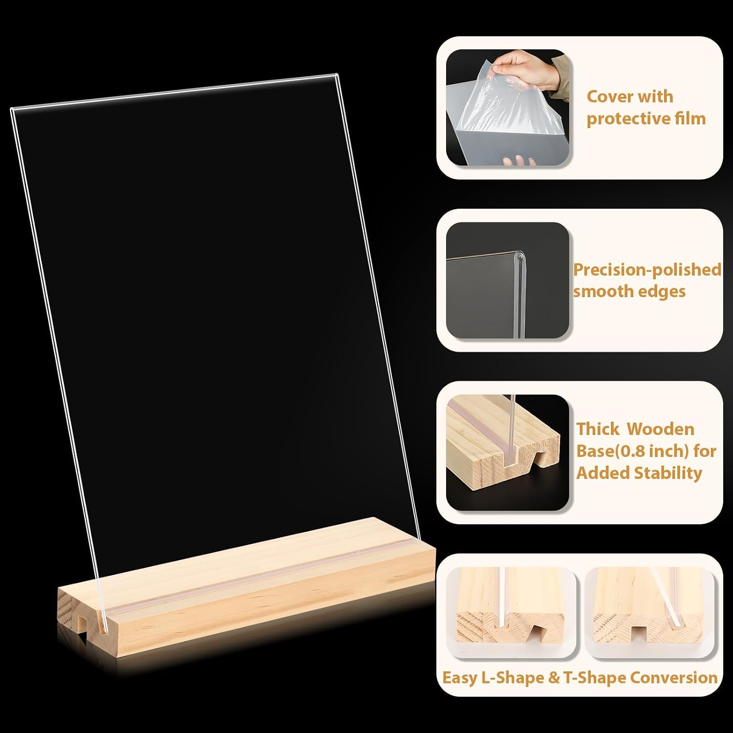 2 pack 8.5x11 Acrylic Sign Holder, L/T Shape with Wood Base | Plastic Flyer Stand Double Slot Design for Vertical or