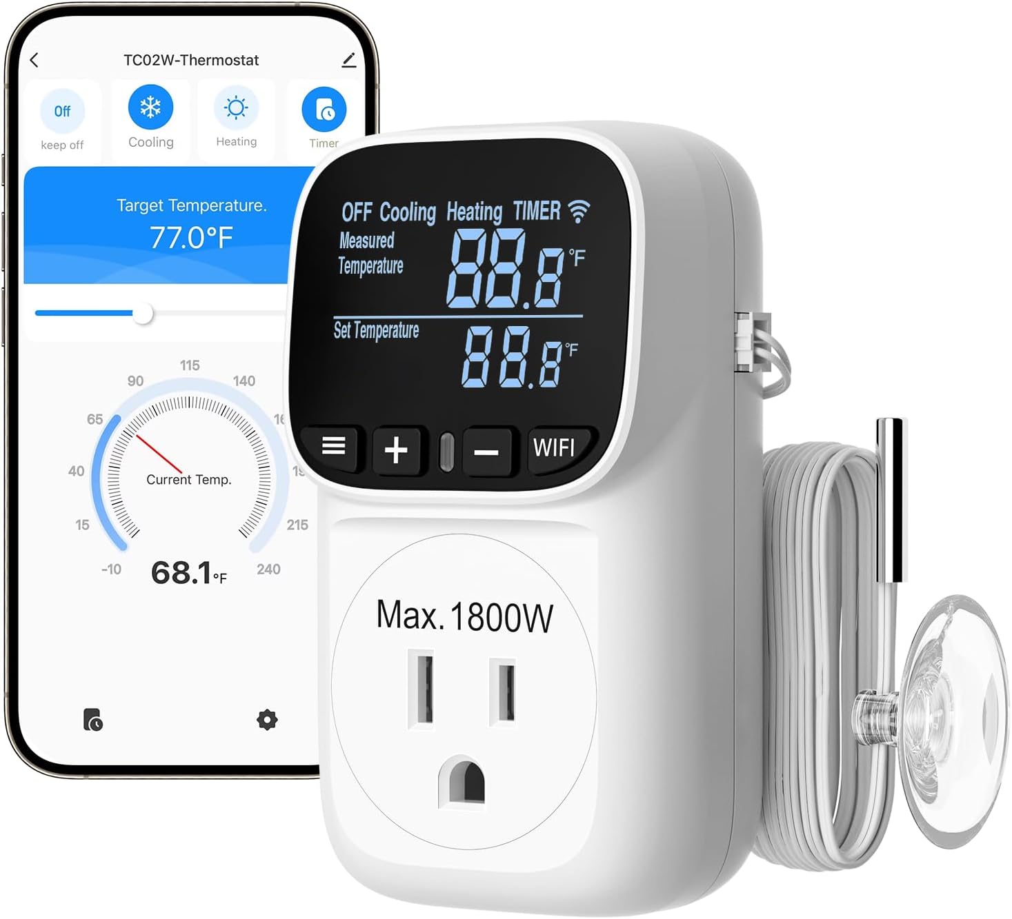 Smart WiFi Temperature Controller Outlet, 15A/1800W, 24H Timer | Bluetooth APP Remote Control, Schedule Timer