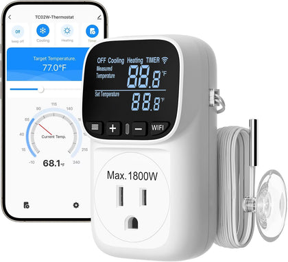 Smart WiFi Temperature Controller Outlet, 15A/1800W, 24H Timer | Bluetooth APP Remote Control, Schedule Timer