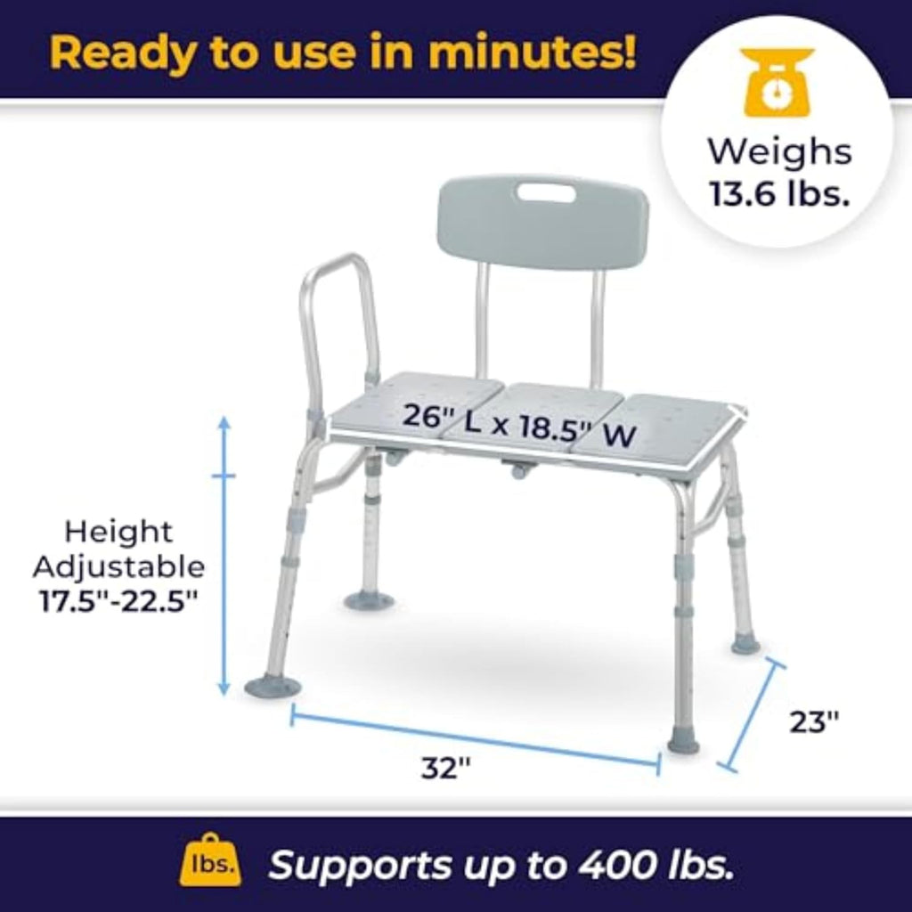 Tub Transfer Bench for Bathtub - Safer, Independent Bathing Aid - Height Adjustable Bench - Sturdy Aluminum