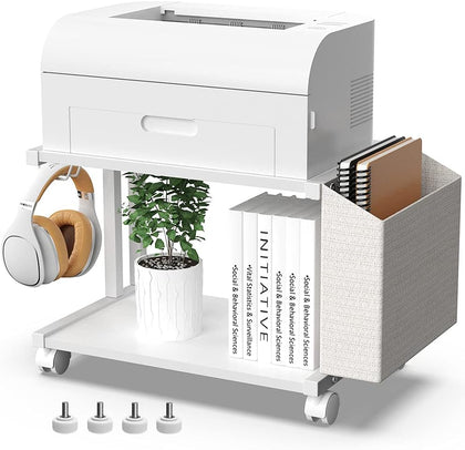 2 Tier Modern White Wooden Under Desk Printer Stand with Storage Bag for Home Office Desktop Printer Table Organizer