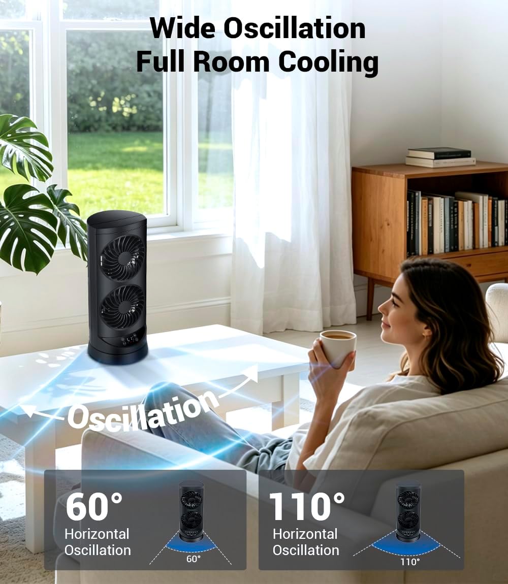 Tower Fan for Bedroom,24 ft/s Portable Desk Table Fan with Remote | 4 Speeds,12H Timer,60° & 110° Oscillating