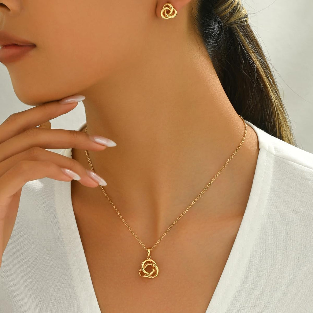 Minimalist Love Knot Stud Earrings and Necklace Jewelry Set for Women Gold-Toned Simple Circle Knot Pendant Necklaces