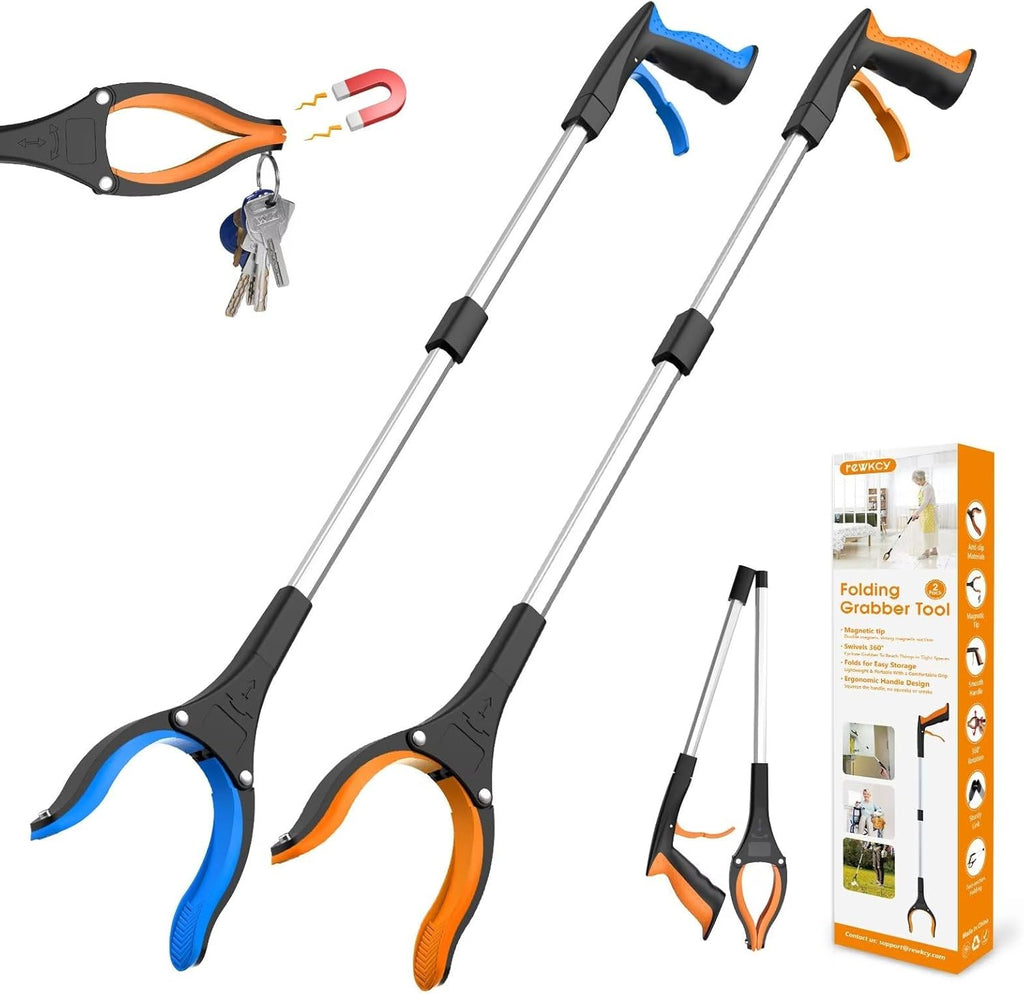32" Grabber Reacher Tool, 2-Pack Foldable Reacher Grabber Pickup Tool with 360° Rotating Jaw & Magnet, Trash Picker