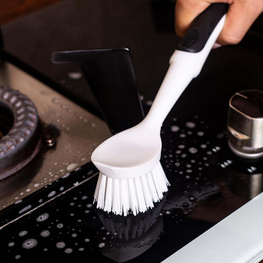 Dish Brush with Handle, Dish Scrub Brush with Built-in Scraper
