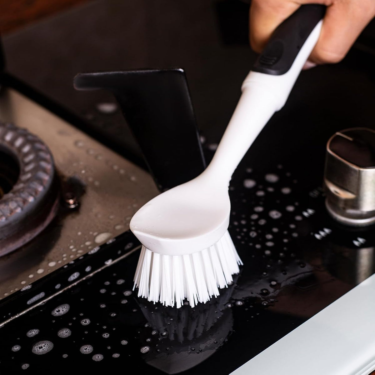 Dish Brush with Handle, Dish Scrub Brush with Built-in Scraper