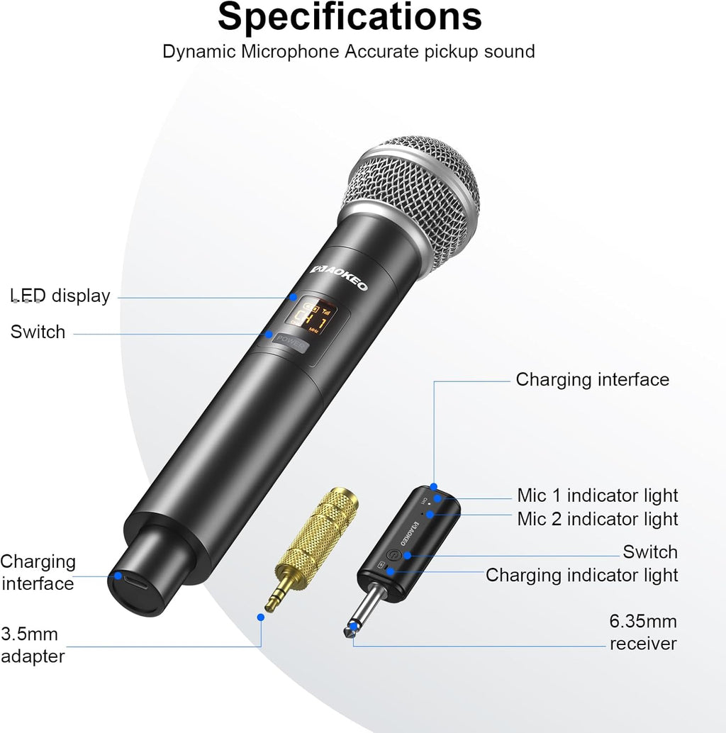 Wireless Microphone for Mic Input, UHF Metal Dynamic Handheld Multipurpose Mic with Rechargeable Receiver (Work 4hs)