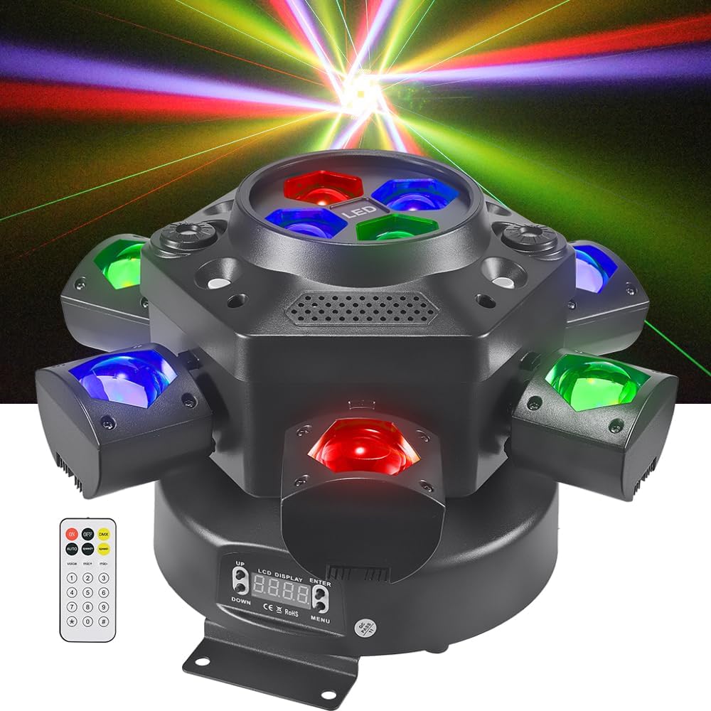Moving Head DJ Lights, 150W LED Stage Lights 4-in-1 with Remote | 6 Arms Beam, Bee-Eye Effect, Red Green Starry