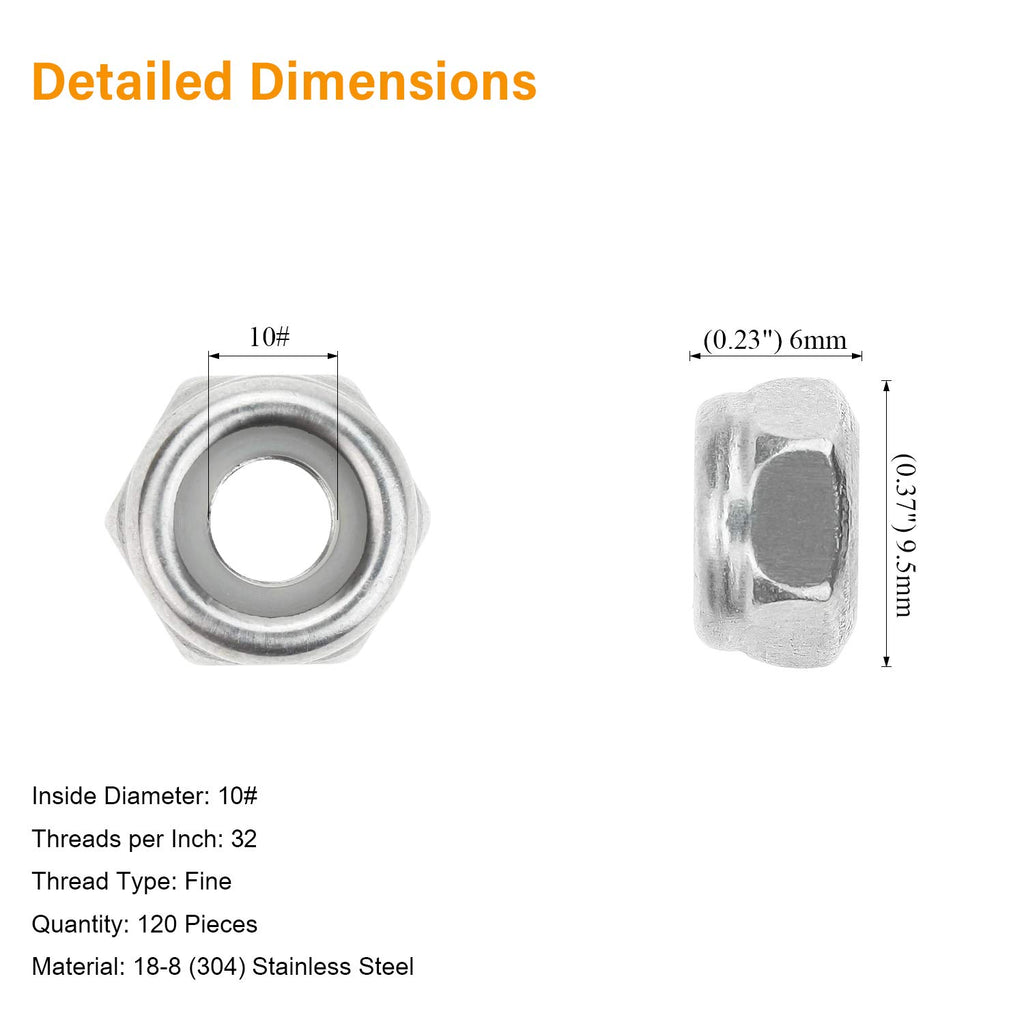 120 Pieces 10#-32 Nylon Insert Hex Lock Nuts, 304 Stainless Steel