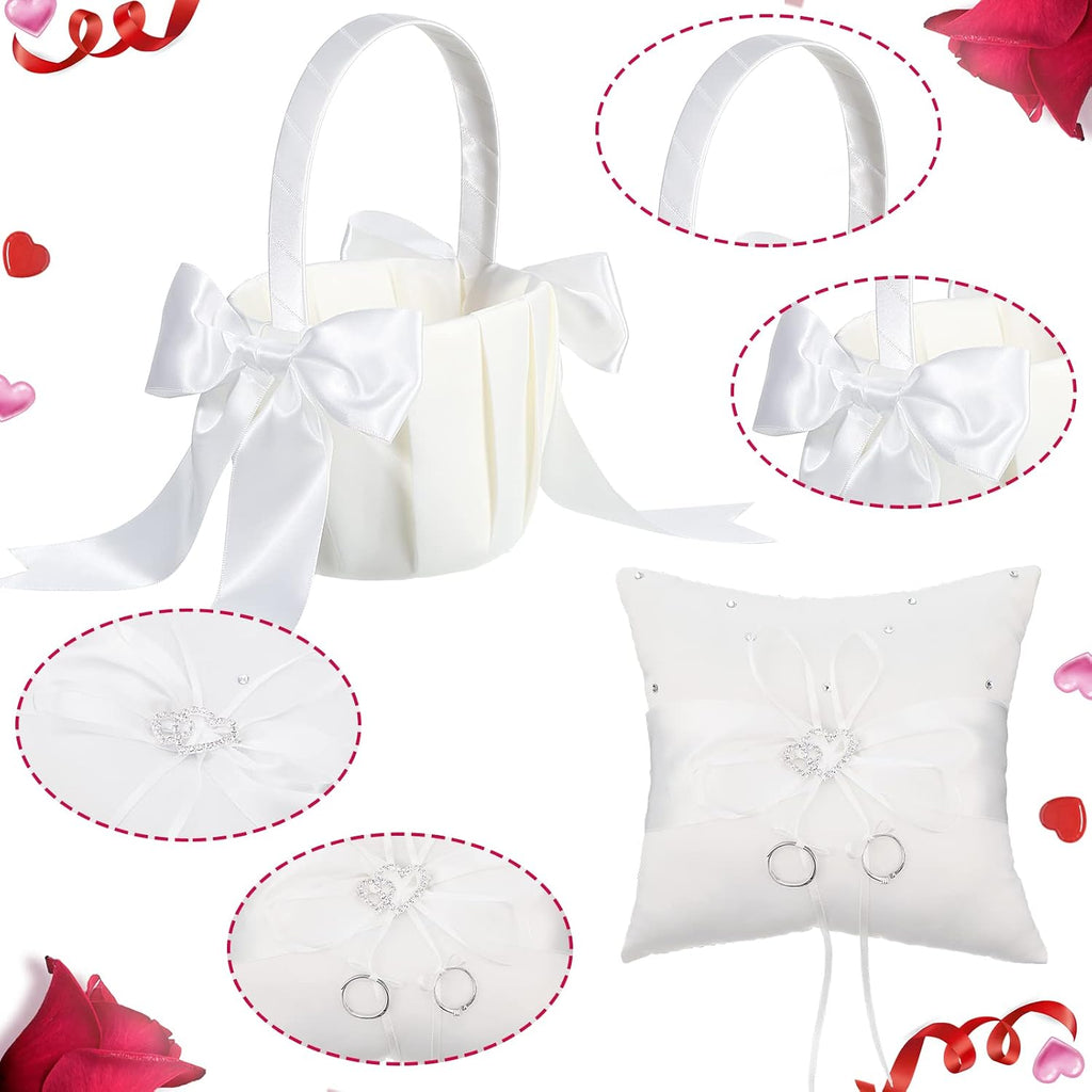 White Flower Girl Basket and Ring Bearer Pillow Set Rhinestones Satin Wedding Ring Pillow Wedding Flower Baskets for