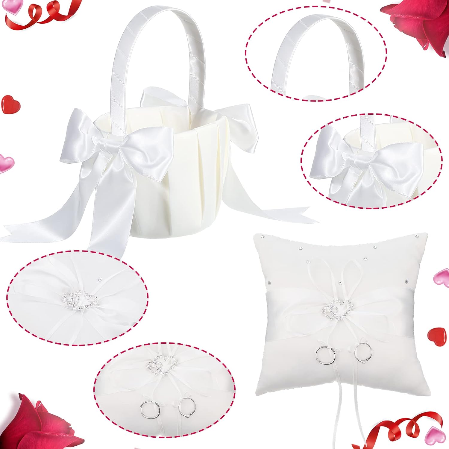 White Flower Girl Basket and Ring Bearer Pillow Set Rhinestones Satin Wedding Ring Pillow Wedding Flower Baskets for