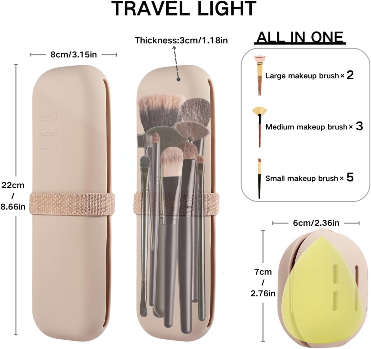 2-in-1 Silicone Makeup Brush Holder Travel Case, Khaki