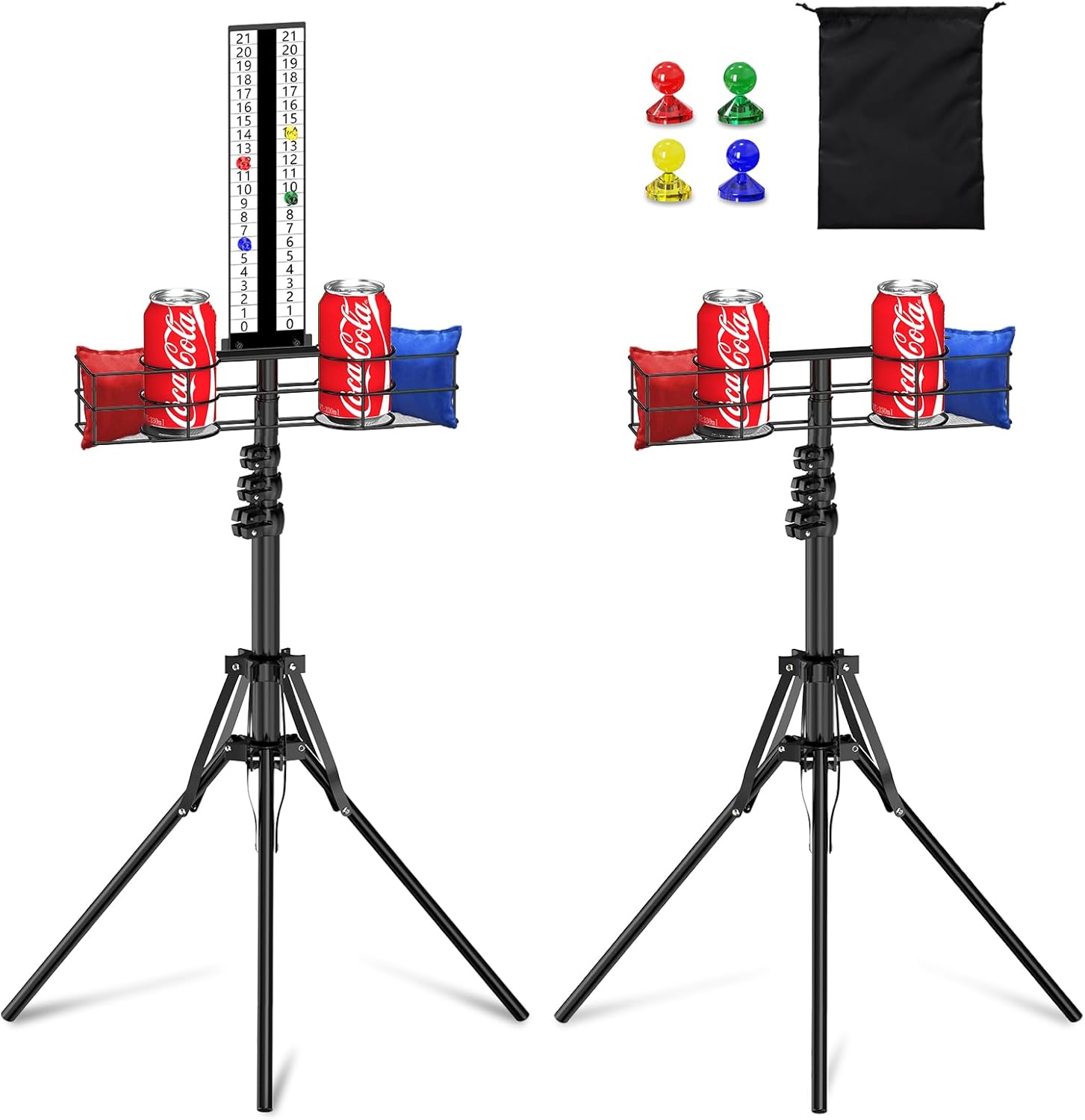 Cornhole Scoreboard with Drink Holder, Height Adjustable Foldable Cornhole Score Keeper with Storage Rack Includes 4