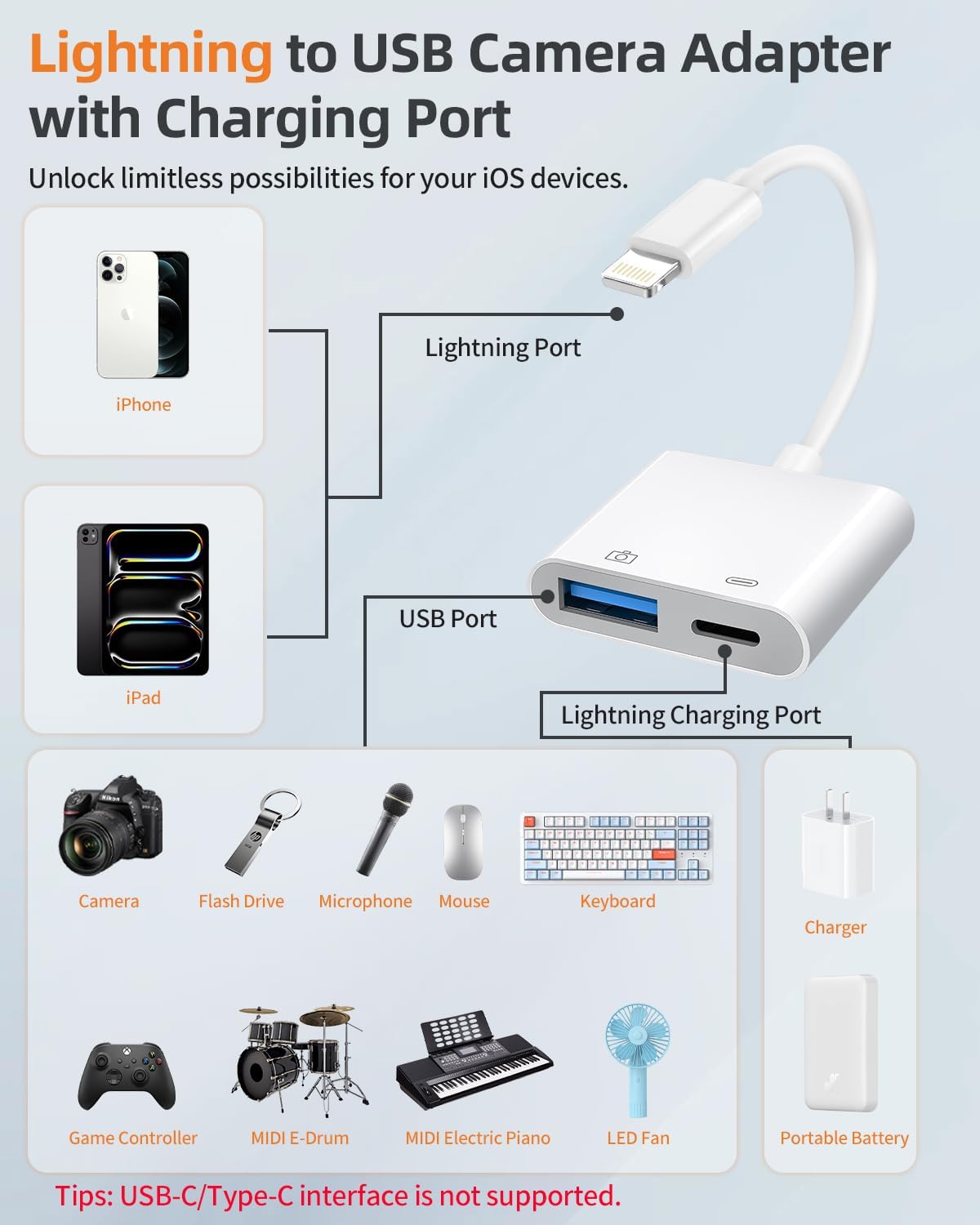 [Apple MFi Certified] Lightning to USB Camera Adapter with Charging Port for iPhone, USB3 Female OTG Adapter