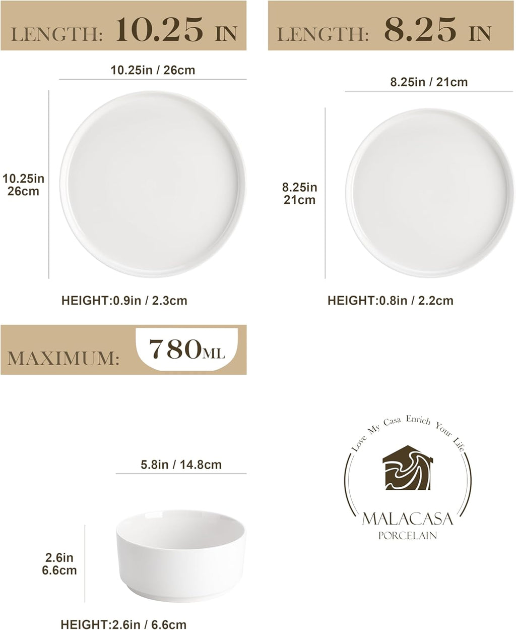 12 Pieces Porcelain Dinnerware Set, Modern White Dish Set for 4, Premium Serving Plates and Bowls Sets, Chip and