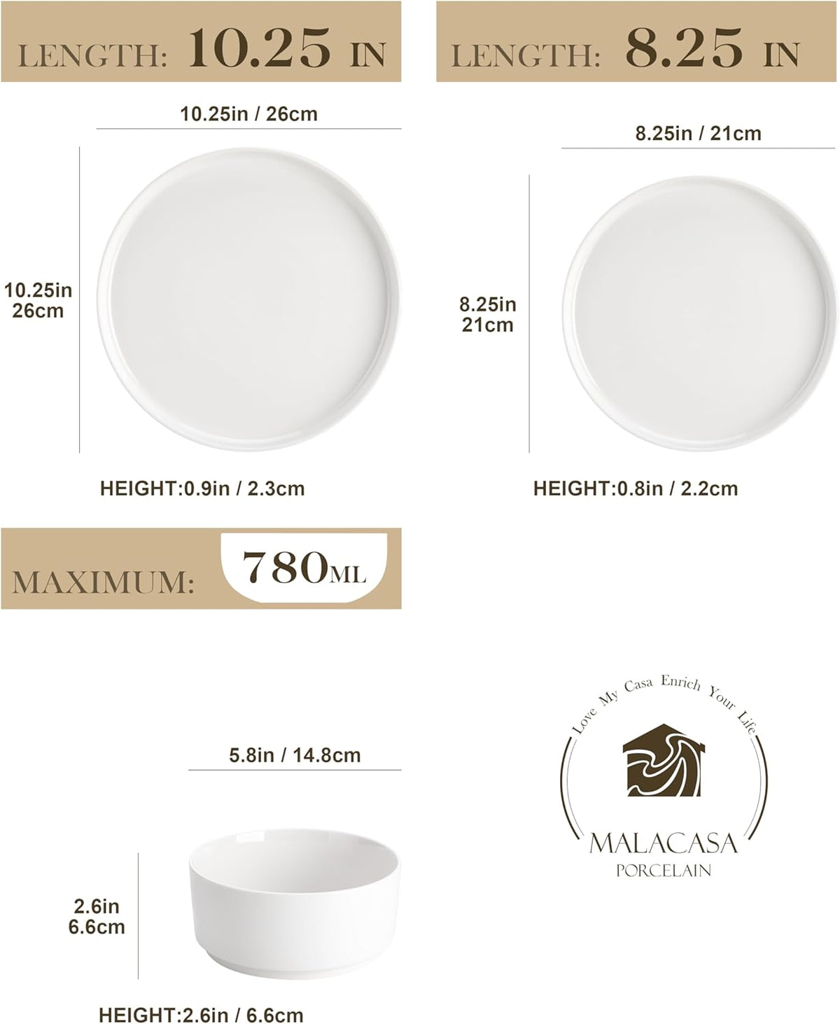 12 Pieces Porcelain Dinnerware Set, Modern White Dish Set for 4, Premium Serving Plates and Bowls Sets, Chip and