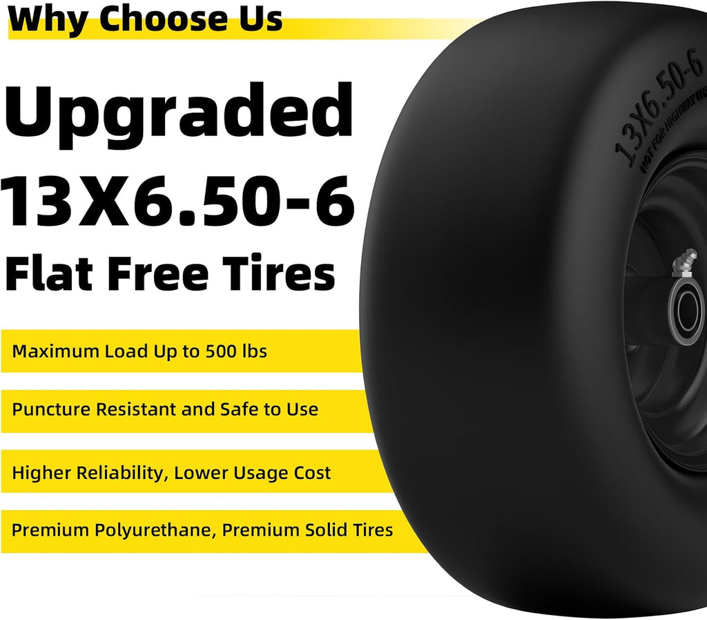 13x6.50-6 Flat Free Zero Turn Lawn Mower Tires, 500lb Load Capacity | Universal 3/4", 5/8", 1/2" Bearings