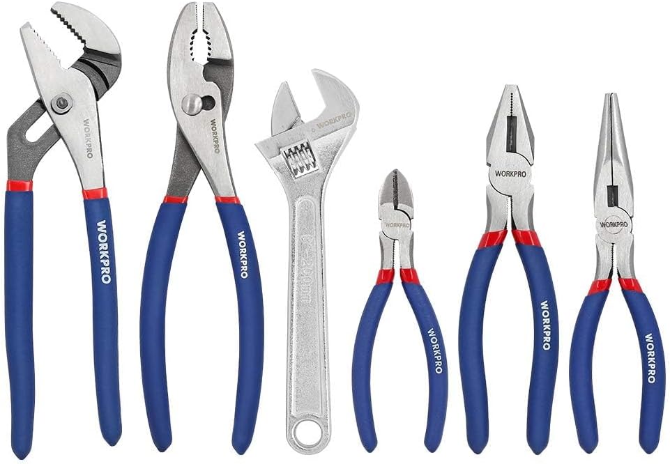 Large Pliers & Wrench Set 6-Piece (10" Water Pump, 10" Slip Joint, 8" Long Nose, 8" Linesman, 6" Diagonal, 8"