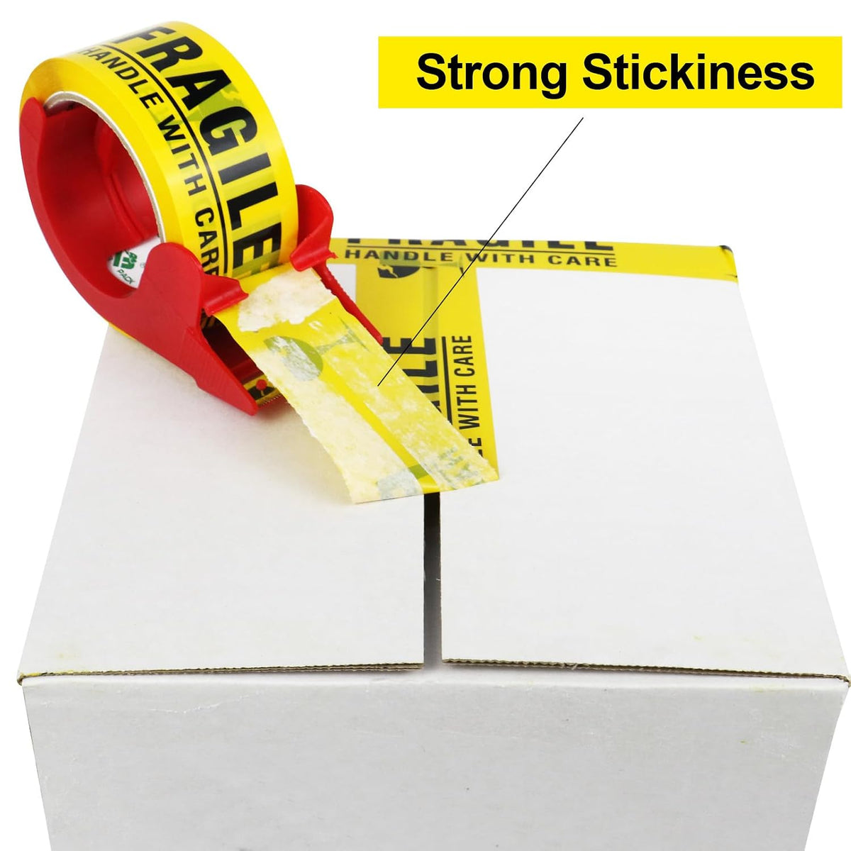 Fragile Tape 2 Inch x 180 Feet (60 Yards) 4 Rolls, Yellow Fragiles Tape Handle with Care for Shipping with Dispenser