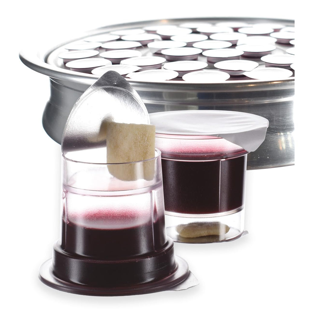 Prefilled Communion Cups 100 Count | Tray & Seatback Pew Compatible | Concord Grape Juice & Bread | Easy-Open