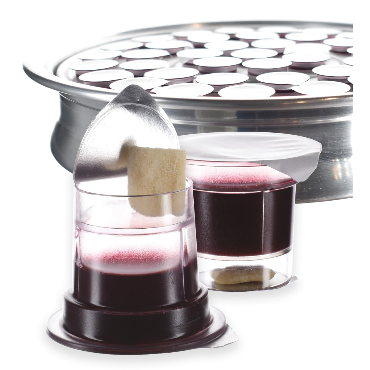 Prefilled Communion Cups 100 Count | Tray & Seatback Pew Compatible | Concord Grape Juice & Bread | Easy-Open