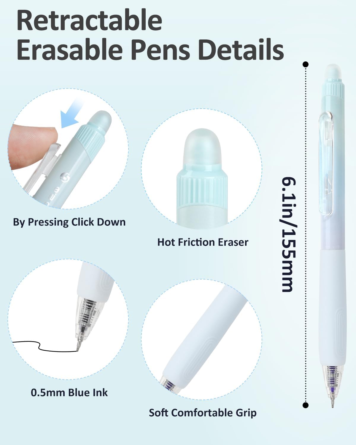 Erasable Pens, 6 Pack Fine Point 0.5mm Black Erasable Gel Pens | 360°Rotating Erasers, Make Mistakes Disappear