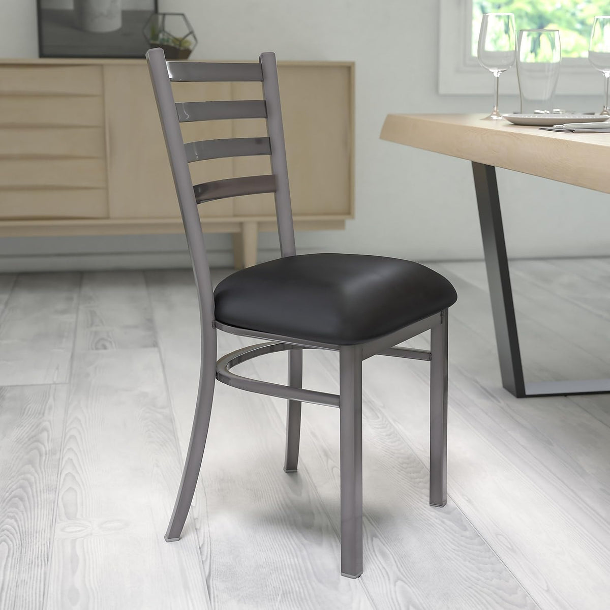 2 Pack HERCULES Series Clear Coated Ladder Back Metal Restaurant Chair - Black Vinyl Seat