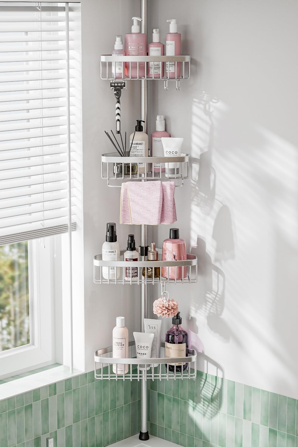 Corner Shower Caddy Tension Pole: Adjustable Rustproof 4-Tier Inside Bathroom Organizer - 47-121 inch Quick