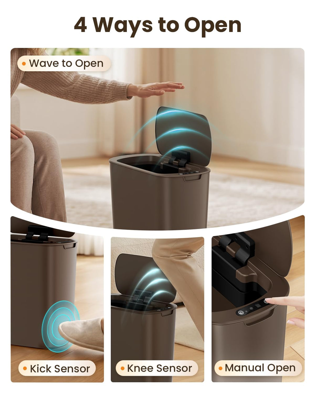 5 Gallon Automatic Bathroom Trash Can with Lid, Brown, Touchless