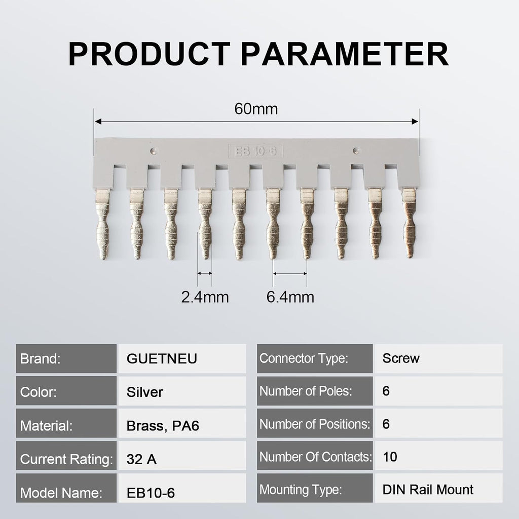 10Pcs EB10-6 Terminal Bridge Connector, DIN Rail Side Plug-in Block