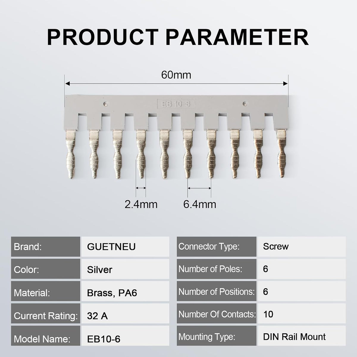10Pcs EB10-6 Terminal Bridge Connector, DIN Rail Side Plug-in Block