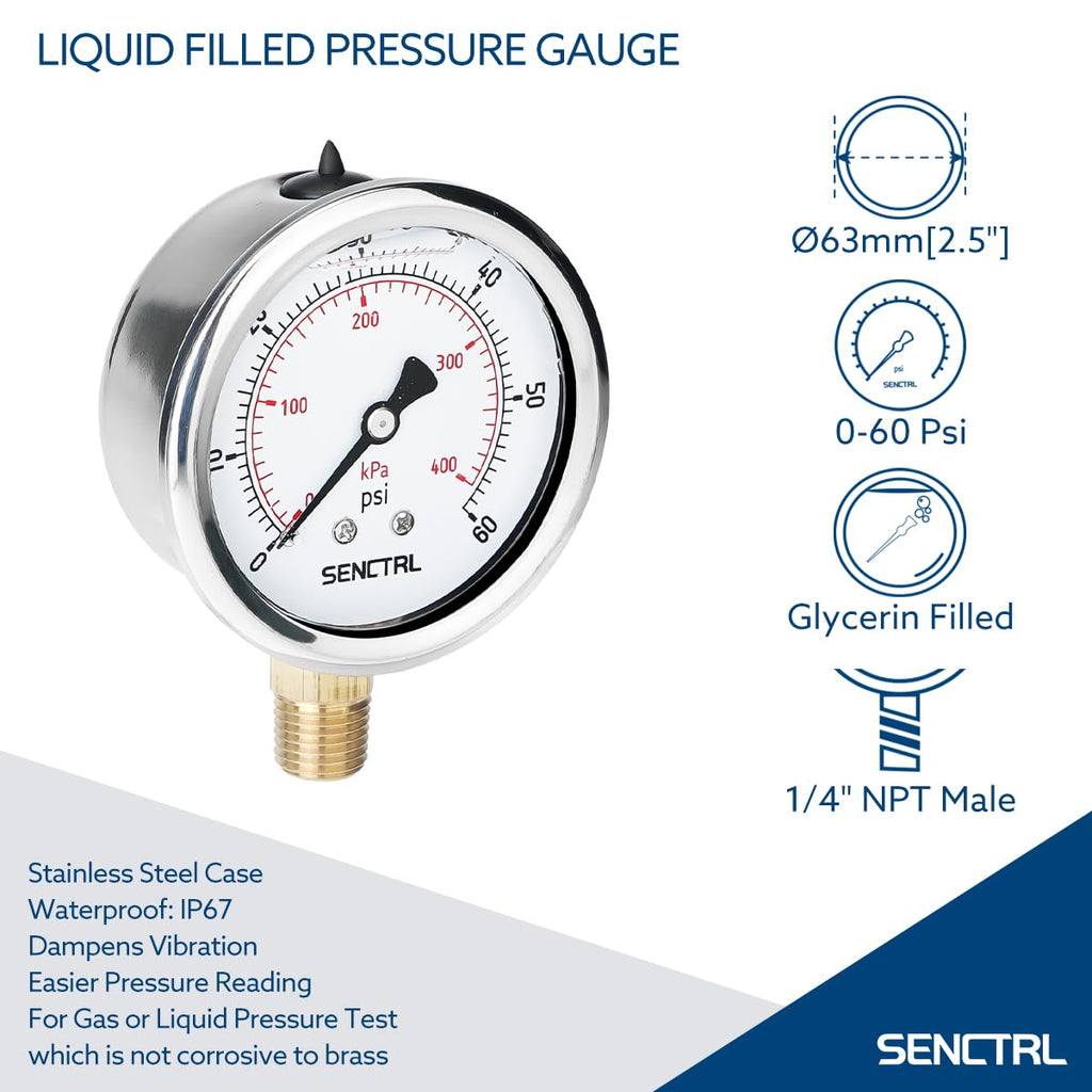 SENCTRL 0-60 Psi Liquid Filled Low Pressure Gauge, 1/4" NPT Lower Mount