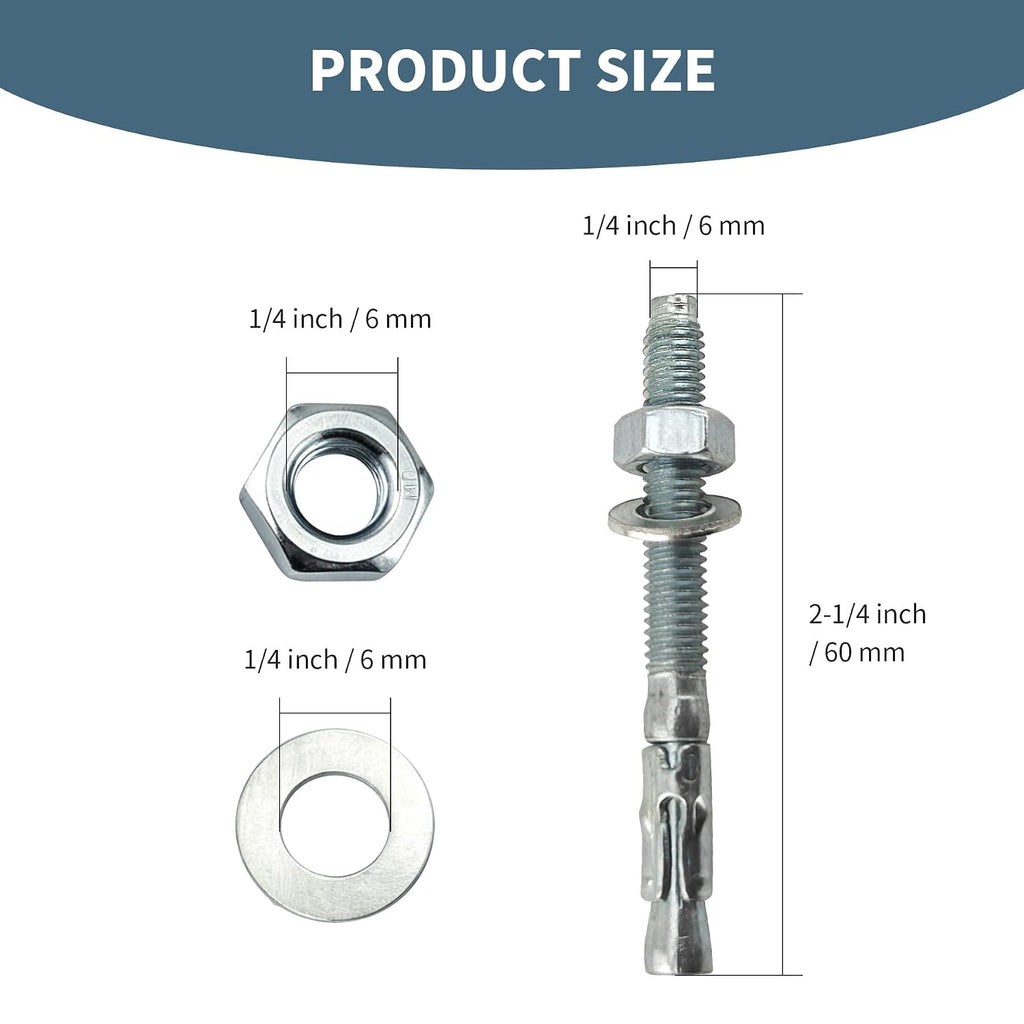 1/4" x 2-1/4"Wedge Anchors, 20PCS Zinc Plated Carbon Steel Concrete Heavy Duty Anchor Bolts Fasteners for Cement