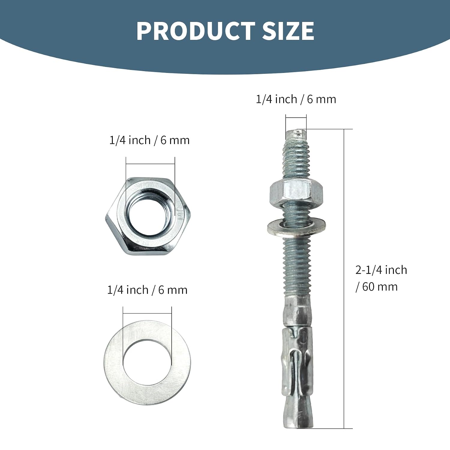1/4" x 2-1/4"Wedge Anchors, 20PCS Zinc Plated Carbon Steel Concrete Heavy Duty Anchor Bolts Fasteners for Cement