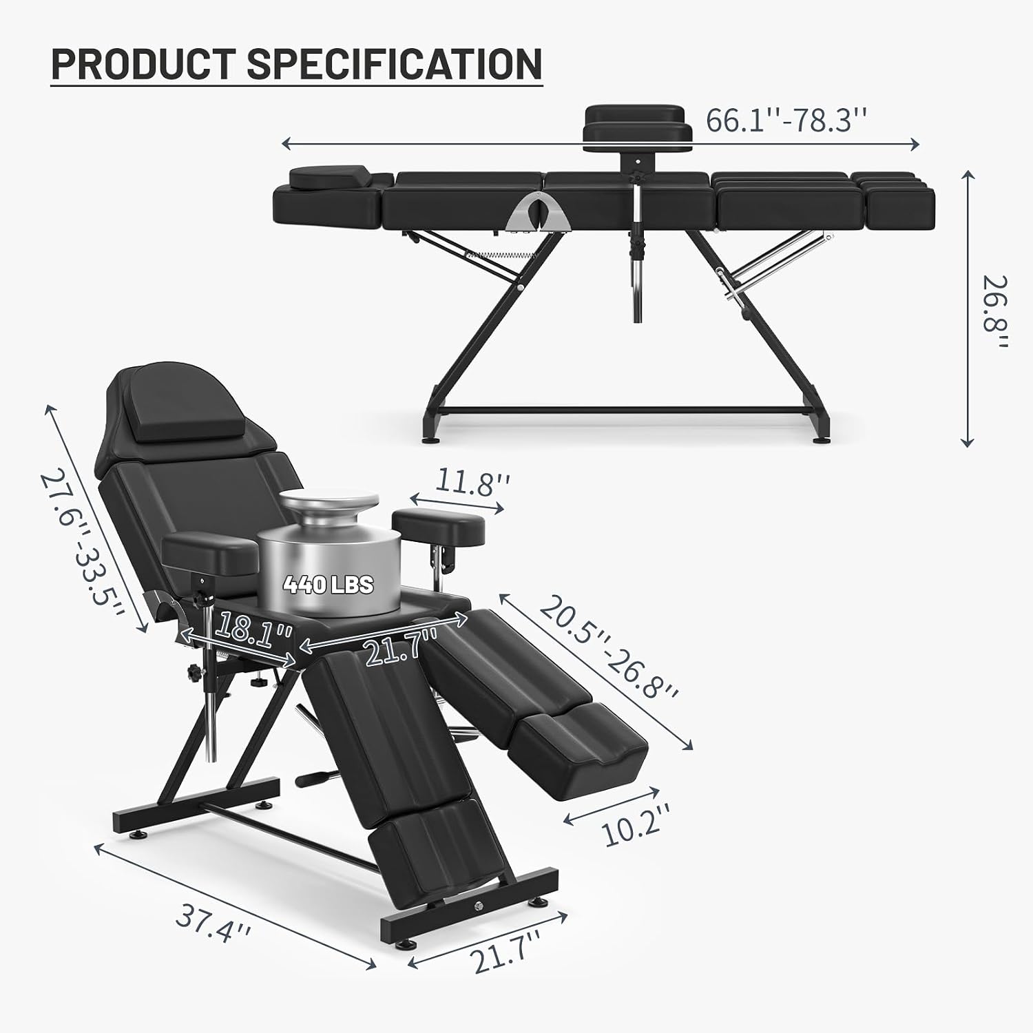 Tattoo Chair for Client, Spa Bed Adjustable Armrests Split Legs