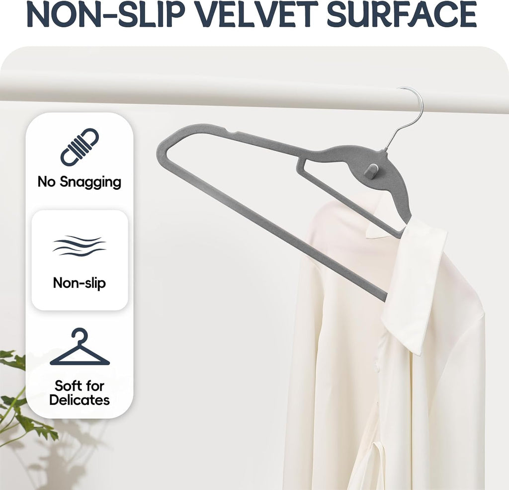 Velvet Stackable Hangers 50 Pack Space Saving Cascading Hook Gray | Ultra Thin, Non Slip Felt, Heavy Duty With 360°