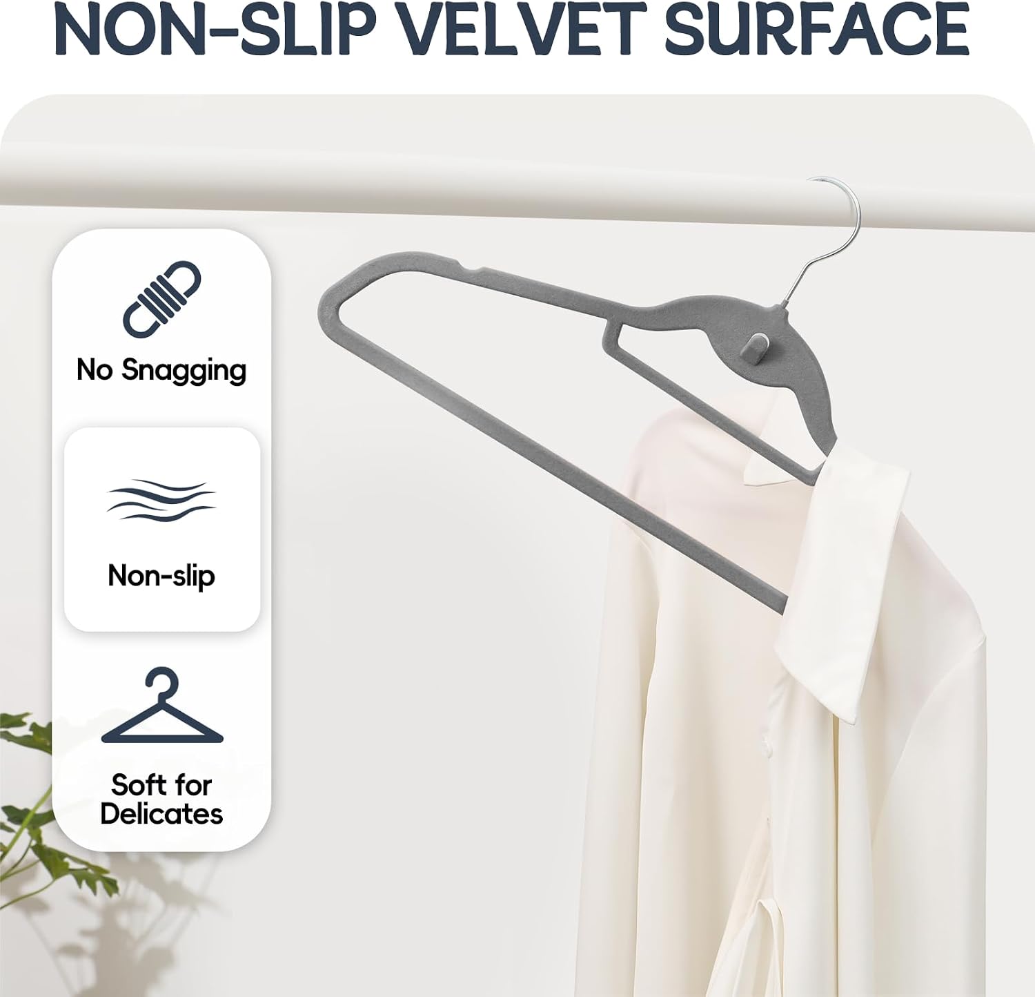 Velvet Stackable Hangers 50 Pack Space Saving Cascading Hook Gray | Ultra Thin, Non Slip Felt, Heavy Duty With 360°