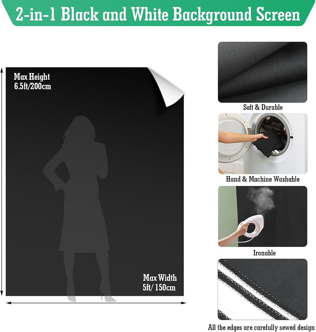 Black White Backdrop with Stand Kit, 5 x 6.5 ft Photo Backdrop | Dual-sided Screen for Photography, Video, Meeting