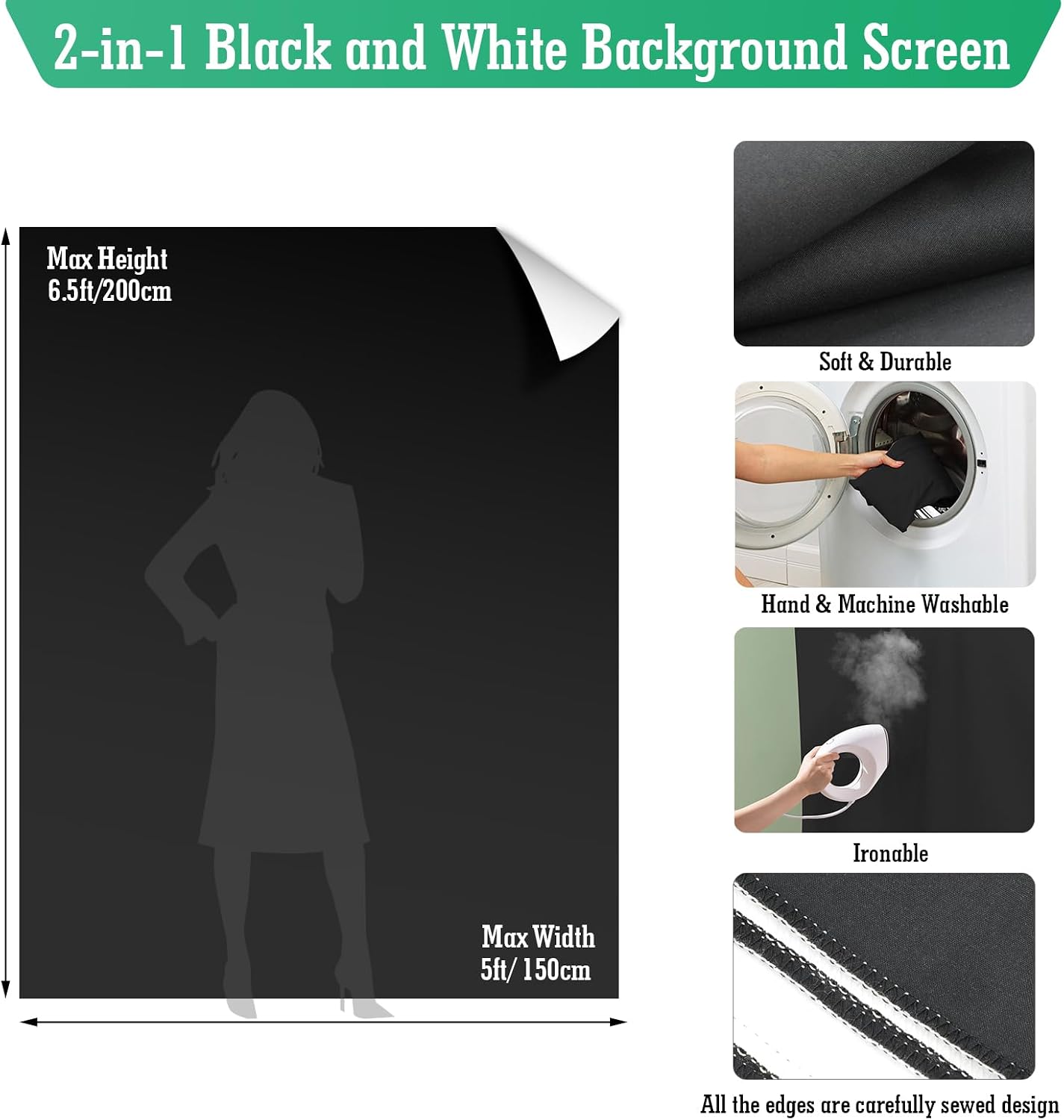 Black White Backdrop with Stand Kit, 5 x 6.5 ft Photo Backdrop | Dual-sided Screen for Photography, Video, Meeting